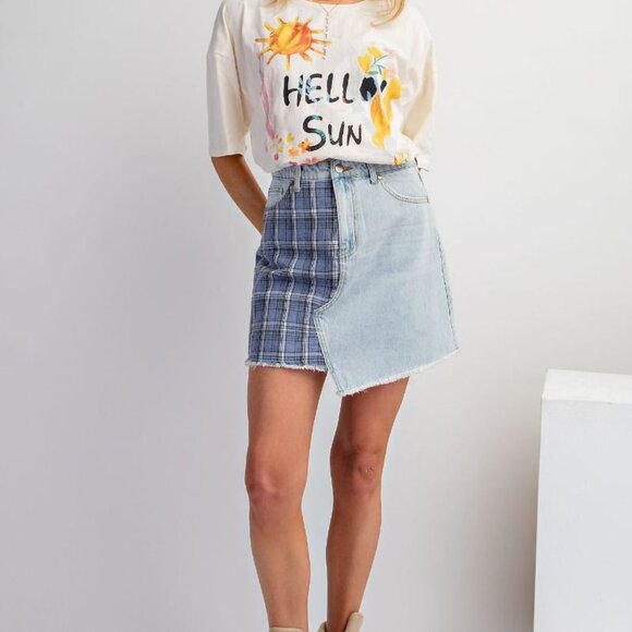 50109 EASEL Lt Blue Denim Mini Skirt w Contrast Panel S/M/L - Picture 2 of 3